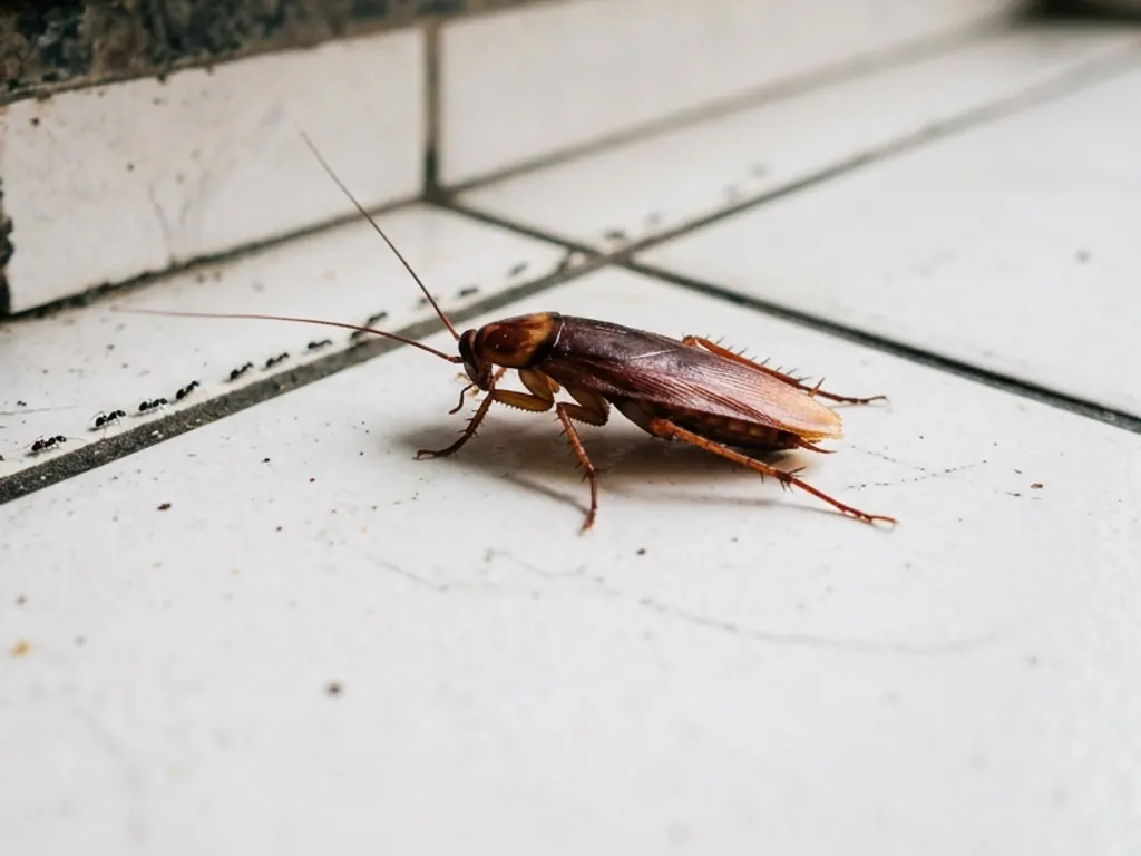 Barata no piso da cozinha, ao lado do rodapé, com formigas no rejunte