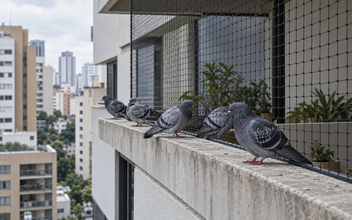 Pombos em um parapeito de prédio protegido por tela
